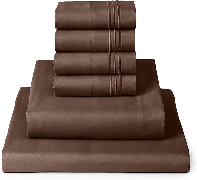 Mellanni Queen Sheets Set - 6 PC Iconic Collection Bedding Sheets & Pillowcases - Hotel Luxury, Ultra Soft, Cooling Bed Sheets - Deep Pocket up to 16 inch - 6 PC (Queen, Brown w/Extra Pillow Cases) - LeafyLoom