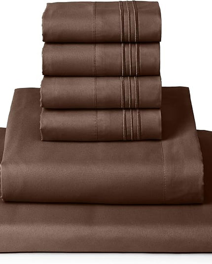 Mellanni California King Sheets Set - 6 PC Iconic Collection Bedding Sheets & Pillowcases - Ultra Soft, Cooling Bed Sheets - Deep Pocket up to 16 inch - 6 PC (Cal King, Brown w/Extra Pillow Cases) - LeafyLoom