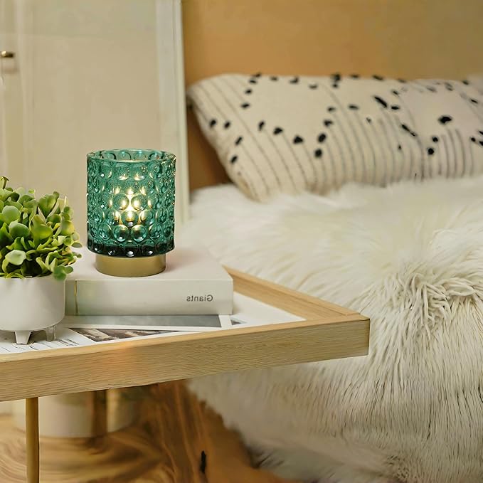 Battery Operated Table Lamp with Timer, 4.7" Tall Round Small Lamps, Cordless Crystal Night Light,Battery Powered Bedside Lamp, for Corner/Living Room/Bedroom/Tabletop, Green - LeafyLoom