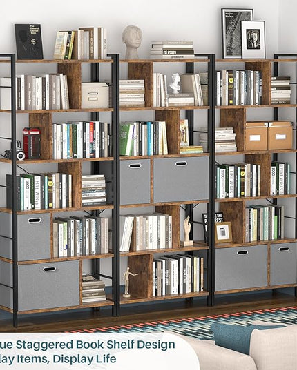74 Inch Tall Bookshelf, 6 Tier Bookcase with Drawers, Modern Book Shelf Display Standing Shelf Units with Storage, Wood and Metal Bookshelves for Living Room, Bedroom, Home Office, Rustic Brown - LeafyLoom