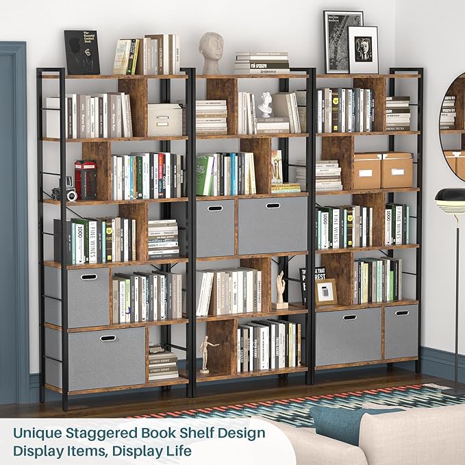 74 Inch Tall Bookshelf, 6 Tier Bookcase with Drawers, Modern Book Shelf Display Standing Shelf Units with Storage, Wood and Metal Bookshelves for Living Room, Bedroom, Home Office, Rustic Brown - LeafyLoom