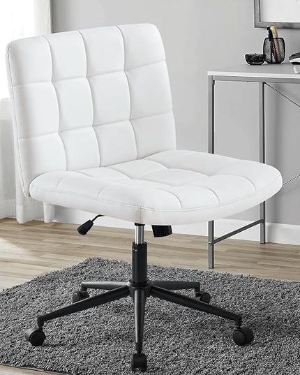Furniliving Home Office Desk Chair with Wheels,Criss Cross Legged Wide Chair Armless Height Adjustable Chair with Mid Back PU-Padded Swivel Accent Vanity Chairs,IvoryWhite - LeafyLoom