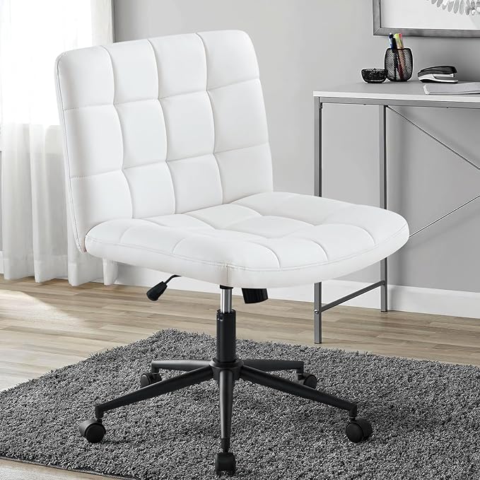 Furniliving Home Office Desk Chair with Wheels,Criss Cross Legged Wide Chair Armless Height Adjustable Chair with Mid Back PU-Padded Swivel Accent Vanity Chairs,IvoryWhite - LeafyLoom