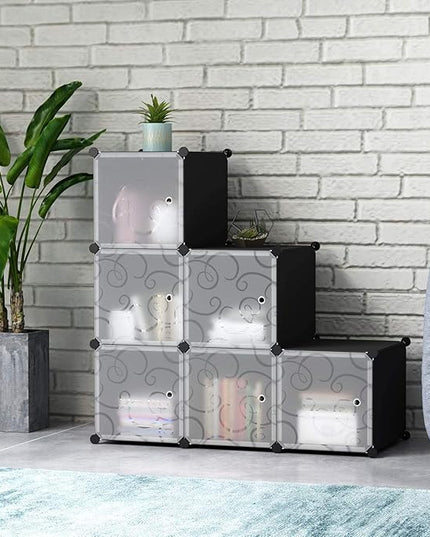 C&AHOME Cube Storage Organizer with Doors, 6-Cube Shelves, Closet Cabinet, DIY Plastic Modular Bookshelf Ideal for Bedroom, Living Room, 36.6”L x 12.4”W x 36.6”H Black SHS3006B-DOOR - LeafyLoom