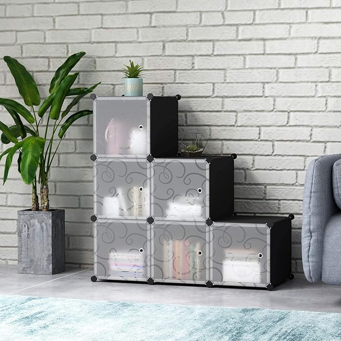 C&AHOME Cube Storage Organizer with Doors, 6-Cube Shelves, Closet Cabinet, DIY Plastic Modular Bookshelf Ideal for Bedroom, Living Room, 36.6”L x 12.4”W x 36.6”H Black SHS3006B-DOOR - LeafyLoom