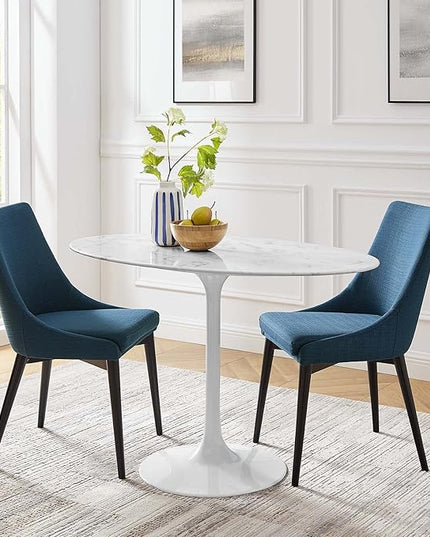 Modway Lippa 48" Oval-Shaped Mid-Century Modern Dining Table with Artificial Marble Top and White Base - LeafyLoom