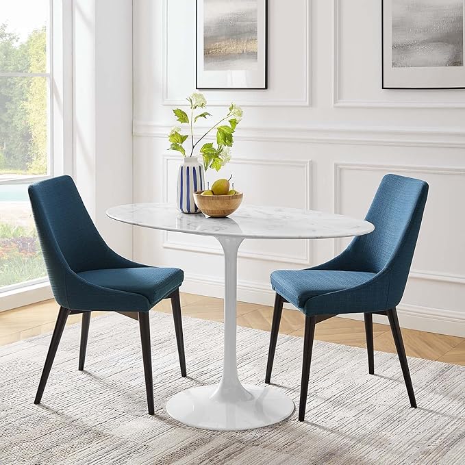 Modway Lippa 48" Oval-Shaped Mid-Century Modern Dining Table with Artificial Marble Top and White Base - LeafyLoom
