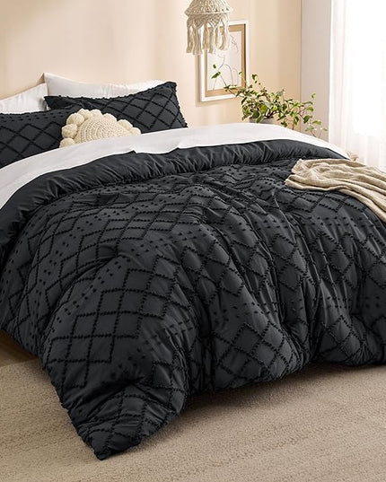 Bedsure Queen Comforter Set - Black Comforter, Boho Tufted Shabby Chic Bedding Comforter Set, 3 Pieces Vintage Farmhouse Bed Set for All Seasons, Fluffy Soft Bedding Set with 2 Pillow Shams - LeafyLoom
