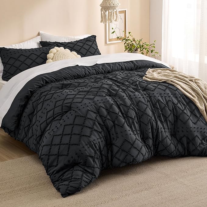 Bedsure Full Size Comforter Set - Black Comforter, Boho Tufted Shabby Chic Bedding Comforter Set, 3 Pieces Vintage Farmhouse Bed Set for All Seasons, Fluffy Soft Bedding Set with 2 Pillow Shams - LeafyLoom