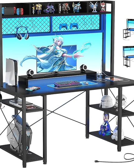 armocity 2024 Upgrade Gaming Desk with Hutch, 48'' Magic Computer Desk with LED Lights and Outlets, Reversible Workstation Desk with Pegboard and Monitor Stand, 48 Gamer Desk PC Table, Black - LeafyLoom