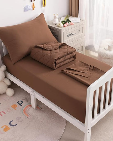 NTBAY Toddler Bedding Set - 4 Piece Soft and Breathable Crib Bedding Set for Boys and Girls, Includes Quilted Comforter, Fitted Sheet, Flat Top Sheet and Envelope Pillowcase, Brown - LeafyLoom