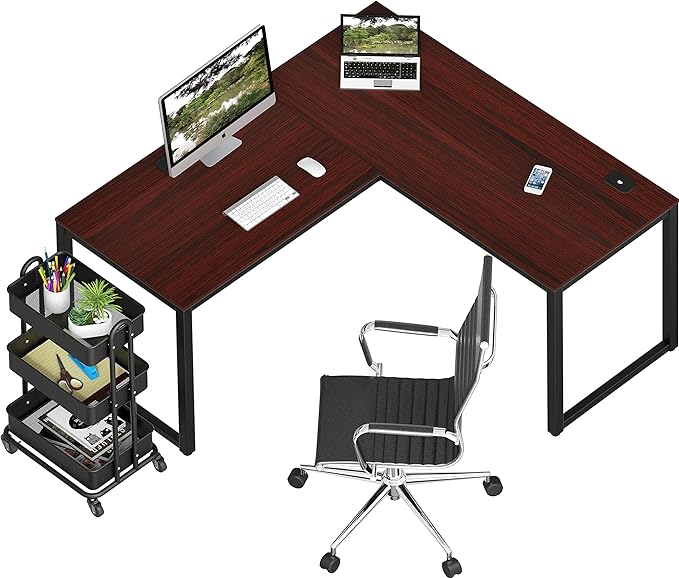 SHW Home Office 55"x60" Large L Shaped Corner Desk, 24" Deep, Cherry - LeafyLoom