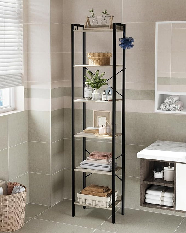 Bookshelf, Book Shelf, Industrial Bookcase with 2 Hooks, Coner Shelf Storage Organizer for Home Office, Living Room, Bedroom, Kitchen, 6-Tier Greige BC10705B - LeafyLoom