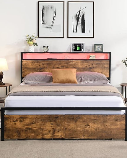 Full Size Bed Frames with 2-tier Shelves Headboard, Storage Drawers & LED Lights, LED Bed Frame w/USB Ports & Outlets, Platform Bed Metal Slats Mattress Foundation No Box Spring Needed - LeafyLoom