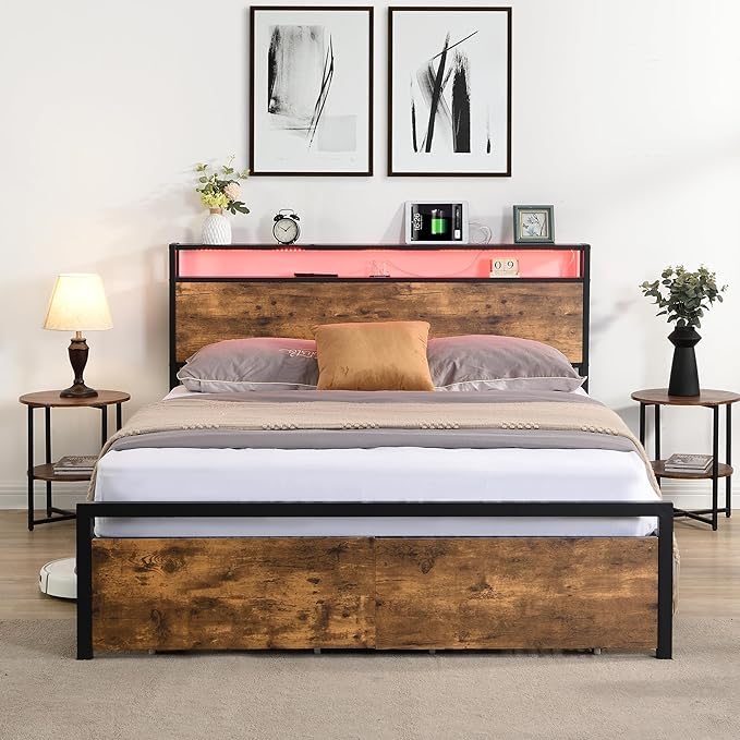 Full Size Bed Frames with 2-tier Shelves Headboard, Storage Drawers & LED Lights, LED Bed Frame w/USB Ports & Outlets, Platform Bed Metal Slats Mattress Foundation No Box Spring Needed - LeafyLoom
