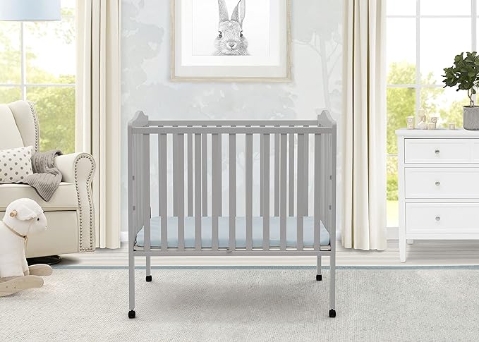 Delta Children Folding Portable Mini Baby Crib with 1.5-inch Mattress - Greenguard Gold Certified, Grey - LeafyLoom