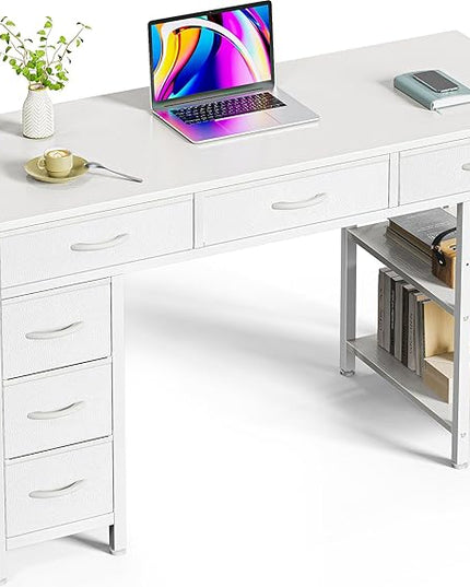 Computer Desk with 6 Drawers, 47 Inch Office Desk with Shelves, Reversible Gaming Desk, Corner Desk with Storage, Work Desk for Home Office, Study, Living Room, White - LeafyLoom
