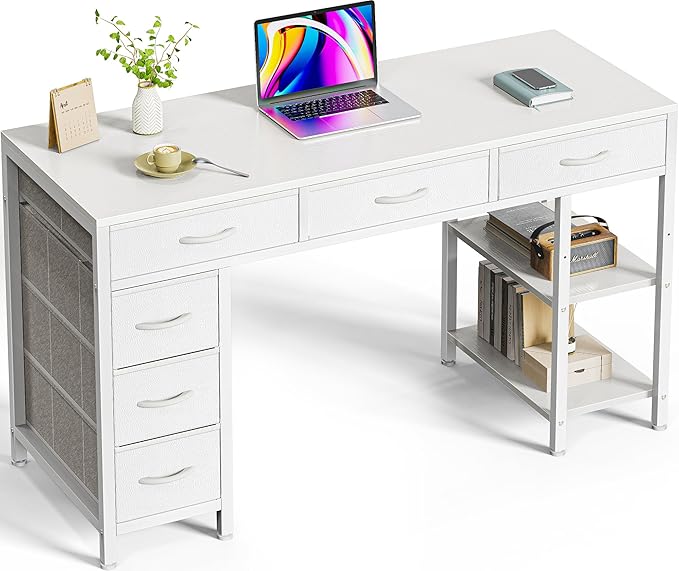 Computer Desk with 6 Drawers, 47 Inch Office Desk with Shelves, Reversible Gaming Desk, Corner Desk with Storage, Work Desk for Home Office, Study, Living Room, White - LeafyLoom