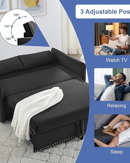 New Model 3-in-1 Sleeper USB Port Adjustable Velvet Convertible Sofa with Pull Out Bed, 2 Pillows & Side Pocket – Ideal for Living Room and Bedroom, Black - LeafyLoom