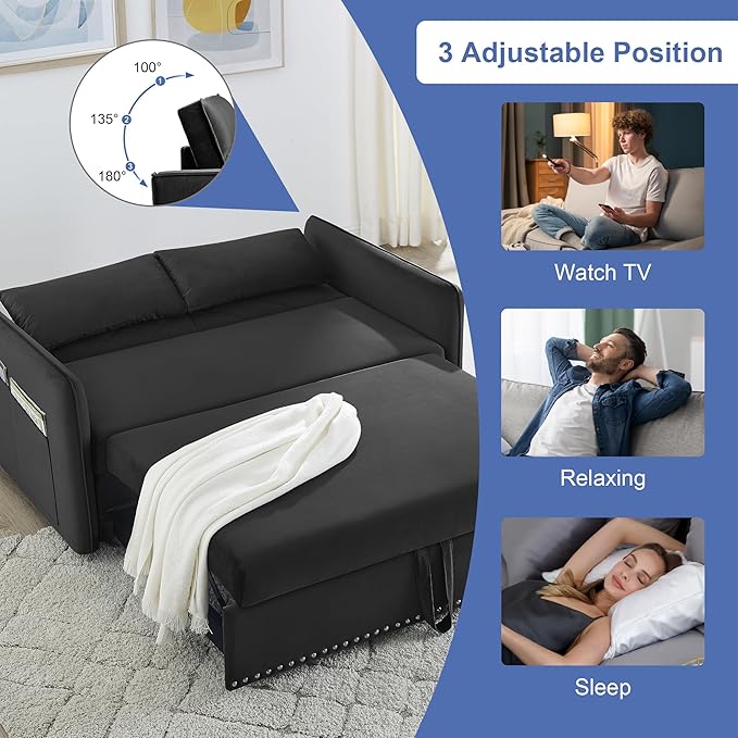New Model 3-in-1 Sleeper USB Port Adjustable Velvet Convertible Sofa with Pull Out Bed, 2 Pillows & Side Pocket – Ideal for Living Room and Bedroom, Black - LeafyLoom