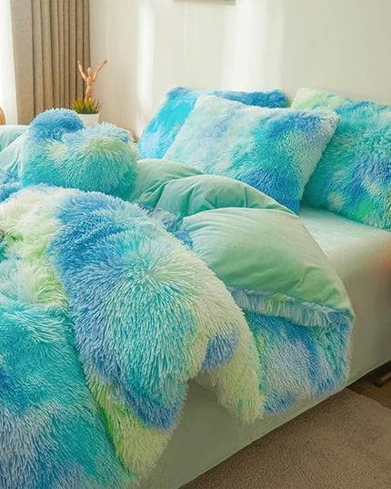 Tie dye Plush Fluffy Comforter Cover Set Queen - Ultra Soft Faux Fur tie dye Bedding Sets 3 Pieces (1 Shaggy Duvet Cover + 2 Pillow case) Fluffy Bed Set (Tie Dye Mint, Queen) - LeafyLoom