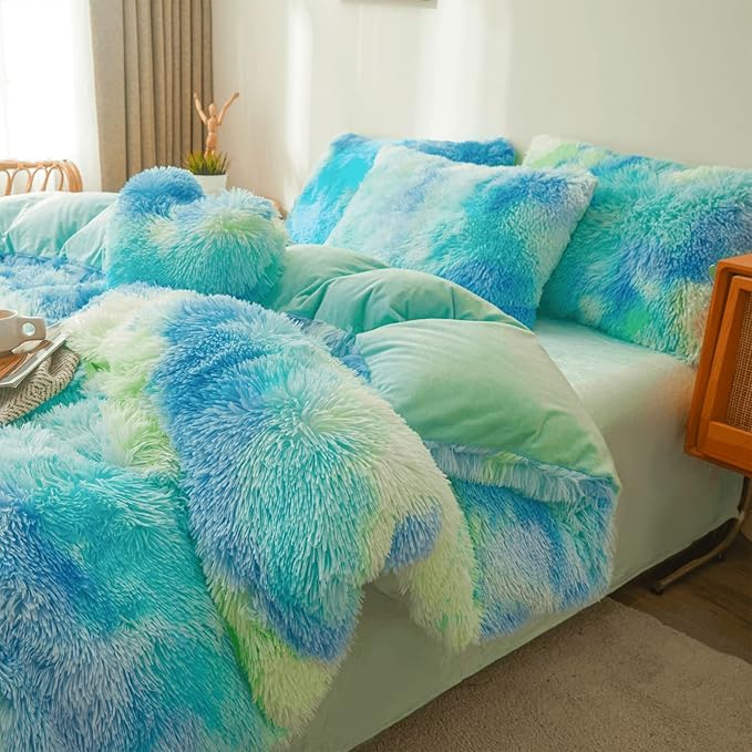 Tie dye Plush Fluffy Comforter Cover Set Queen - Ultra Soft Faux Fur tie dye Bedding Sets 3 Pieces (1 Shaggy Duvet Cover + 2 Pillow case) Fluffy Bed Set (Tie Dye Mint, Queen) - LeafyLoom