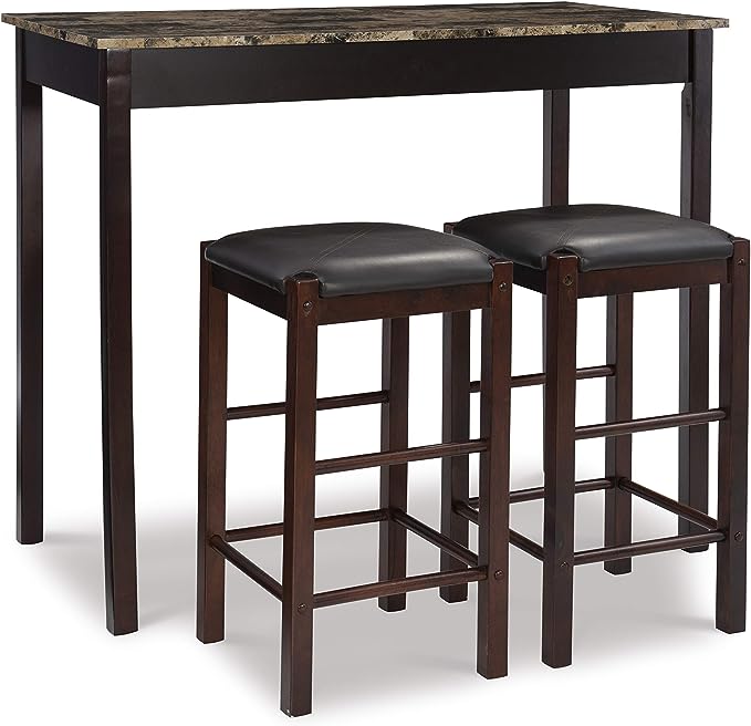 Linon Brown 3-Piece Table Faux Marble Tavern Set, 42" w x 22.25" d x 36" h - LeafyLoom