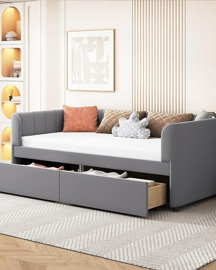 Modern Twin Size Upholstered Daybed Frame with Storage Drawers, Elegant Velvet Fabric Sofa Bed with Ergonomic Design Backrest and Armrests, No Box Spring Needed, Gray - LeafyLoom