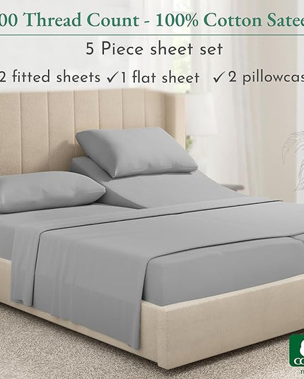 California Design Den Split King Sheet Set - 100% Cotton, 600 Thread Count, Breathable Luxury King Size Sheets for Adjustable Bed, Luxury Hotel-Quality Sheets with Soft Sateen Weave - Light Grey - LeafyLoom