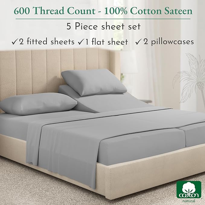 California Design Den Split King Sheet Set - 100% Cotton, 600 Thread Count, Breathable Luxury King Size Sheets for Adjustable Bed, Luxury Hotel-Quality Sheets with Soft Sateen Weave - Light Grey - LeafyLoom