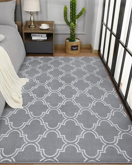 Chicrug Shag Geometric Modern Area Rug for Bedroom, 4x6 Feet Memory Foam Indoor Carpet, Fluffy Rug for Living Room Bedside Room Decor for Family Girls Kids Nursery Play Mat, Grey/White - LeafyLoom