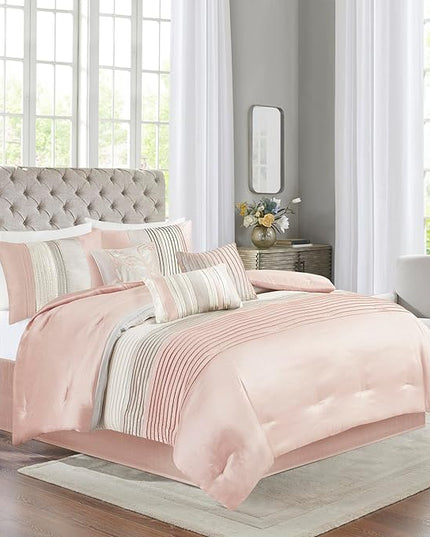 Madison Park Amherst Faux Silk Comforter Set-Casual Contemporary Design All Season Down Alternative Bedding, Matching Shams, Bedskirt, Decorative Pillows, Queen (90 in x 90 in), Blush/Taupe 7 Piece - LeafyLoom