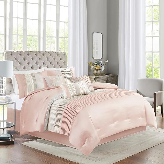 Madison Park Amherst Faux Silk Comforter Set-Casual Contemporary Design All Season Down Alternative Bedding, Matching Shams, Bedskirt, Decorative Pillows, Queen (90 in x 90 in), Blush/Taupe 7 Piece - LeafyLoom