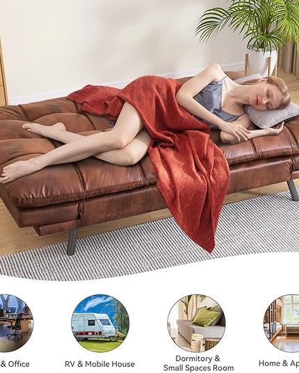 Memory Foam Faux Leather Futon Sofa Bed Couch,Convertible Futon Sofa Couch,Loveseat Sleeper Sofa Bed,Small Splitback Modern Sofa Bed for Living Room,Office,Apartment,Brown - LeafyLoom