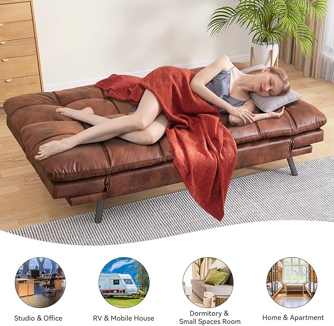 Memory Foam Faux Leather Futon Sofa Bed Couch,Convertible Futon Sofa Couch,Loveseat Sleeper Sofa Bed,Small Splitback Modern Sofa Bed for Living Room,Office,Apartment,Brown - LeafyLoom