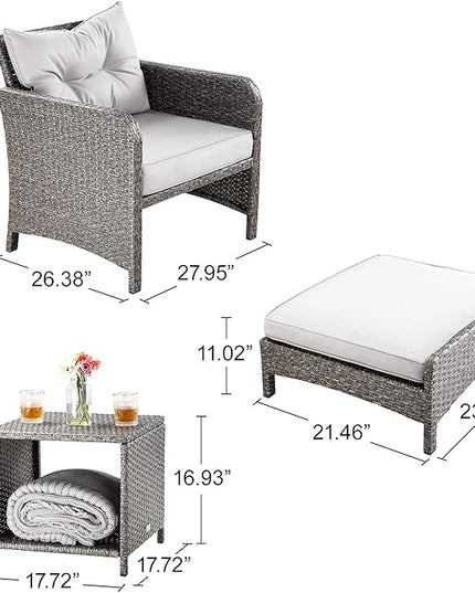 Pamapic 5 Pieces Outdoor Patio Wicker Chairs Set with Ottoman .Outside Conversation Furniture set with Cushions and Coffee for Balcony Porch Lawn Garden Table(Grey Cushion+Light Grey Rattan) - LeafyLoom