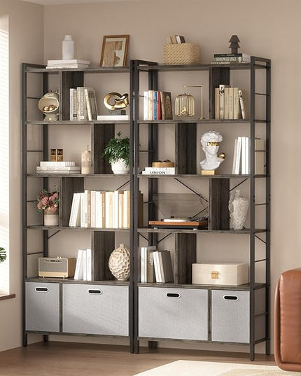 armocity 74 Inch Tall Bookshelf, 6 Tier Bookcase with Drawers, Modern Book Shelf Display Standing Shelf Units with Storage, Wood and Metal Bookshelves for Living Room, Bedroom, Home Office, Grey Oak - LeafyLoom