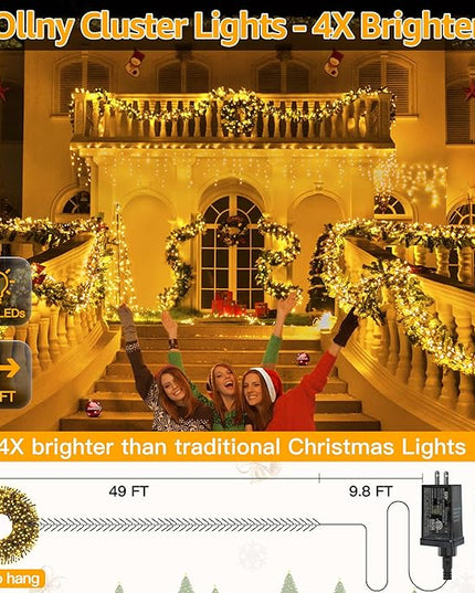 Ollny Cluster Lights Christmas 1000LED 49FT, Warm White Christmas Tree Lights 8 Modes Timer Remote, Waterproof String Lights for Outdoor Indoor Outside Garland Xmas Decorations Ollny