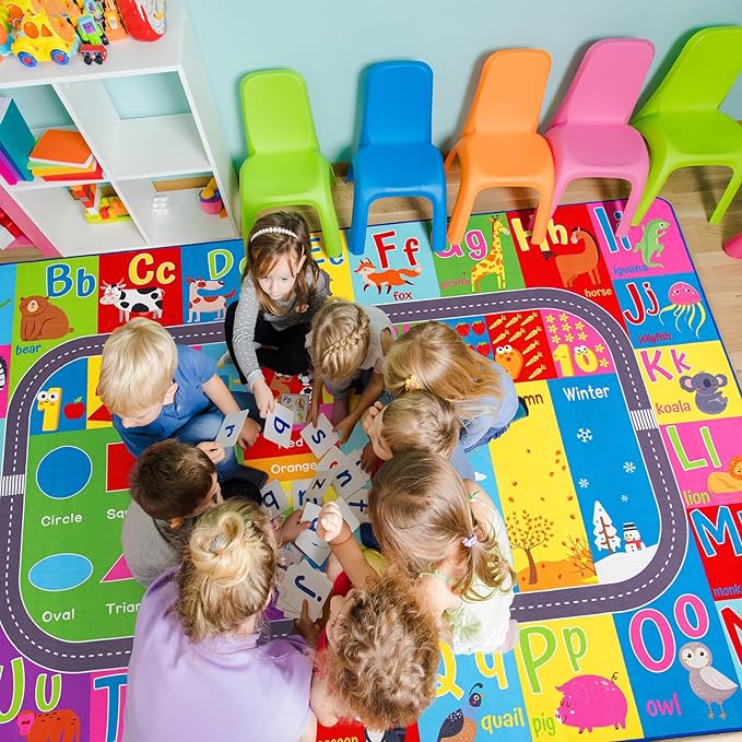 HOMORE Kids Educational Rug, 6x9 Kids Collection Area Rug for Learning Alphabet, Numbers, Colors, Season and Animal Words, Playmat for Classroom Playroom - LeafyLoom