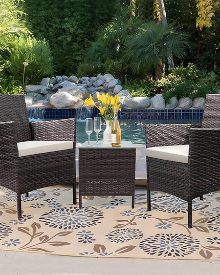 MoNiBloom 3 Pieces Patio Furniture Set, Outdoor Conversation PE Rattan Furniture Front Porch Set with Washable Cushion and Tempered Glass Tabletop for Garden Poolside Balcony, Capacity 250 lbs, Brown - LeafyLoom