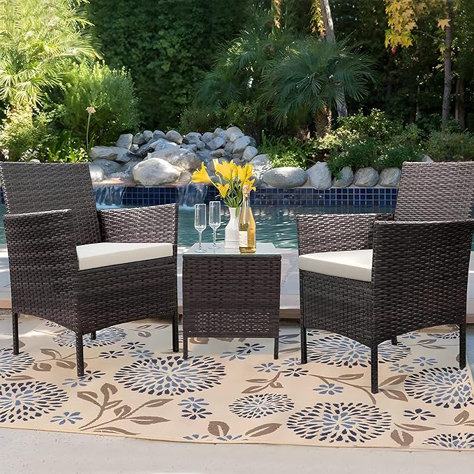 MoNiBloom 3 Pieces Patio Furniture Set, Outdoor Conversation PE Rattan Furniture Front Porch Set with Washable Cushion and Tempered Glass Tabletop for Garden Poolside Balcony, Capacity 250 lbs, Brown - LeafyLoom