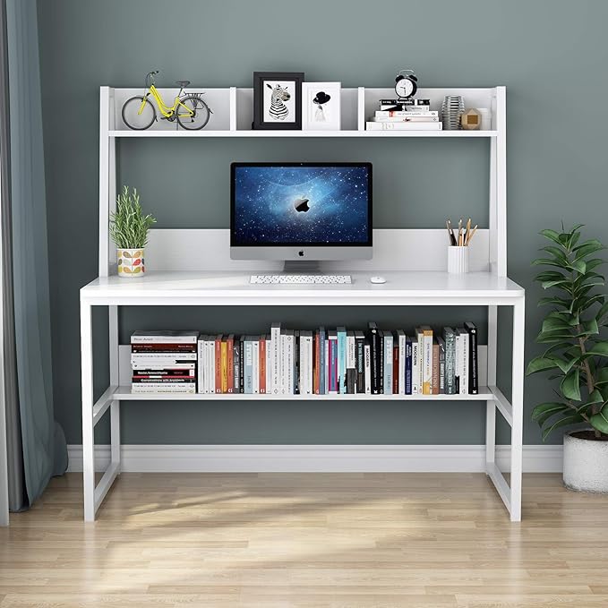 Tribesigns Computer Desk with Hutch, 47 inches Home Office Desk with Space Saving Design with Bookshelf for Small Spaces (All White, 47) - LeafyLoom