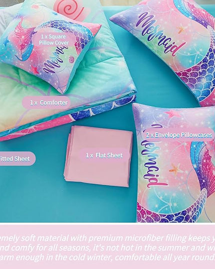 RYNGHIPY Mermaid Twin Girls Bedding Set, Colorful Rainbow Kids Girls Comforter Set with Sheets Soft and Lightweight, 6 Pieces Teen Girls Bed in a Bag - LeafyLoom