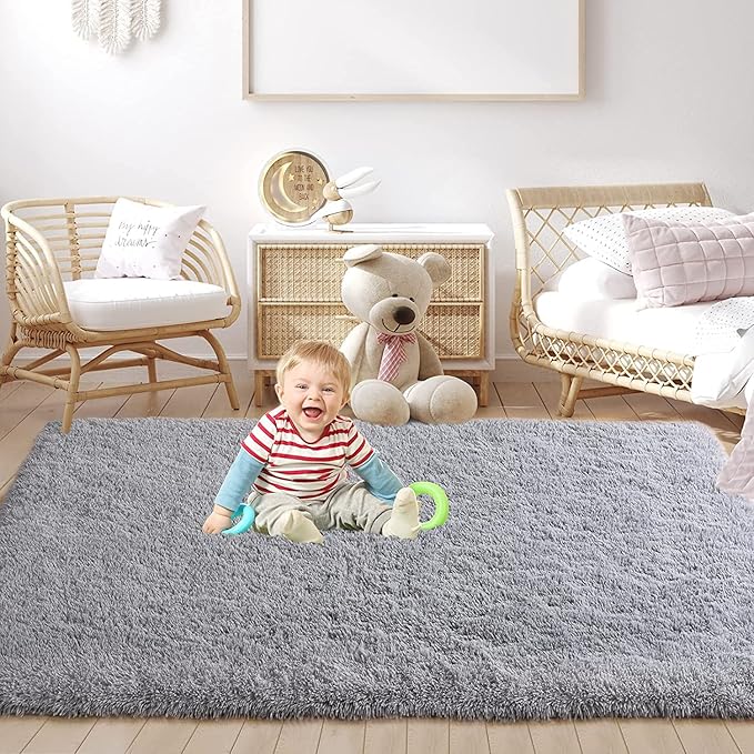 YOBATH Fluffy Shaggy Area Rugs 6x9 for Living Room Bedroom, Soft Fuzzy Shag Rugs Plush Carpet, Furry Bedside Rug for Kids Baby Girl Room Nursery Décor, Grey - LeafyLoom