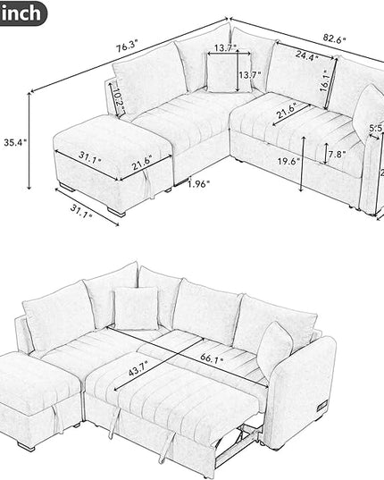 82" L-shaped Sectional Sleeper Sofa with Chaise,Pull Out Bed for Living Room Furniture Sets, 2 USB Ports, Power Sockets and Movable Storage Ottoman, Gray Upholstery - LeafyLoom