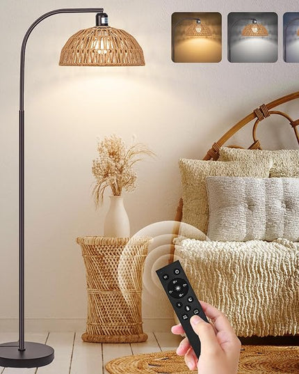 Boho Floor Lamp with Remote- Bronze Floor Lamps with Stepless Dimmable Bulb, Remote Control, Hand-Worked Adjustable Rattan Lamp Shades, Brown Rattan Standing Lamp for Living Room, Bedroom, Office - LeafyLoom