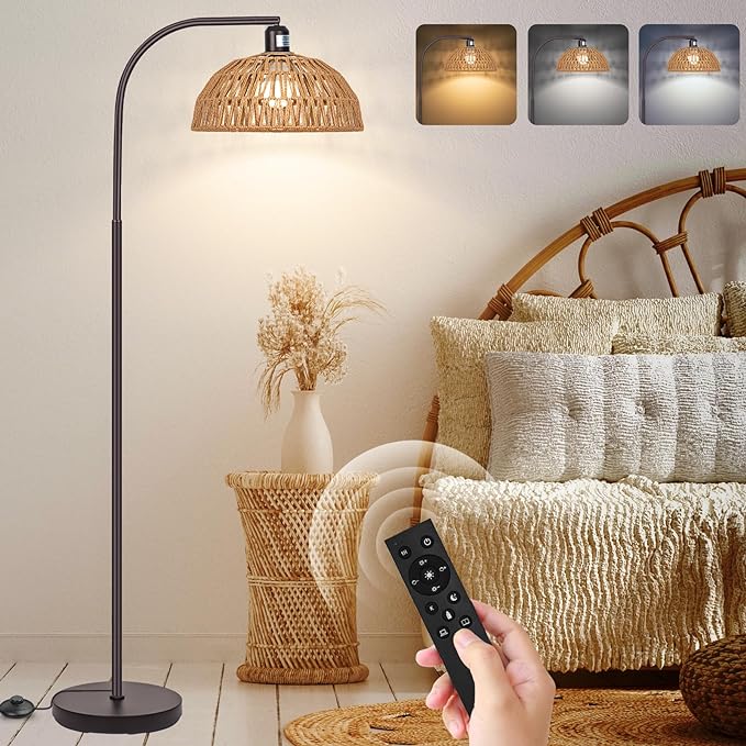 Boho Floor Lamp with Remote- Bronze Floor Lamps with Stepless Dimmable Bulb, Remote Control, Hand-Worked Adjustable Rattan Lamp Shades, Brown Rattan Standing Lamp for Living Room, Bedroom, Office - LeafyLoom