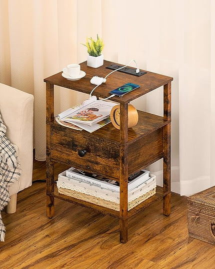 Lerliuo Nightstand Set of 2 with Charging Station and USB Ports, 3-Tier Storage End Table with Drawer Shelf, Night Stand for Small Spaces, Wood Bedside Table for Living Room, Bedroom-Brown - LeafyLoom