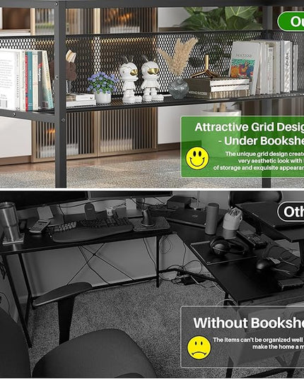 Unikito L Shaped Desk with USB Charging Port and Power Outlet, Reversible L-Shaped Corner Computer Desk with Storage Shelves, Industrial 2 Person Gaming Table Modern Home Office Desk, Rustic Brown - LeafyLoom