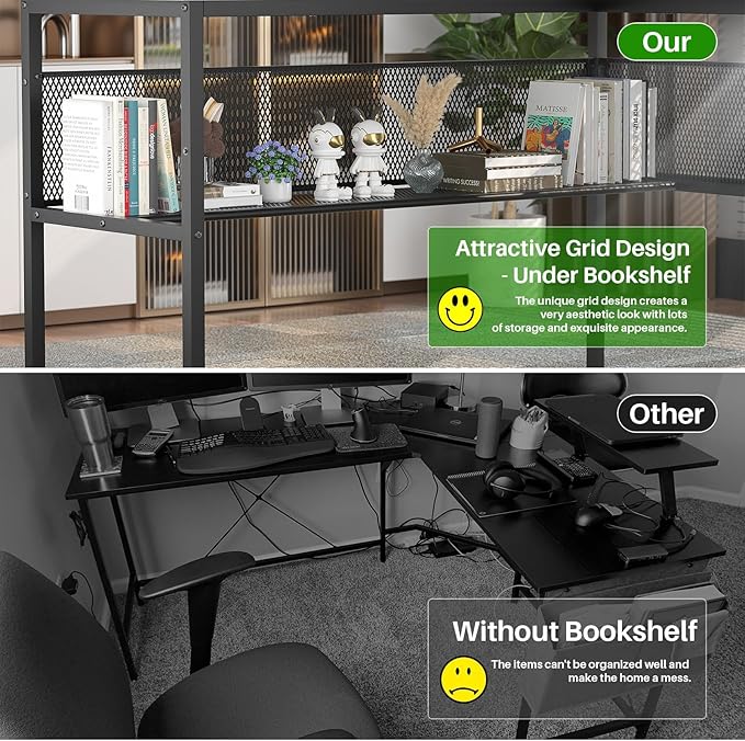 Unikito L Shaped Desk with USB Charging Port and Power Outlet, Reversible L-Shaped Corner Computer Desk with Storage Shelves, Industrial 2 Person Gaming Table Modern Home Office Desk, Rustic Brown - LeafyLoom